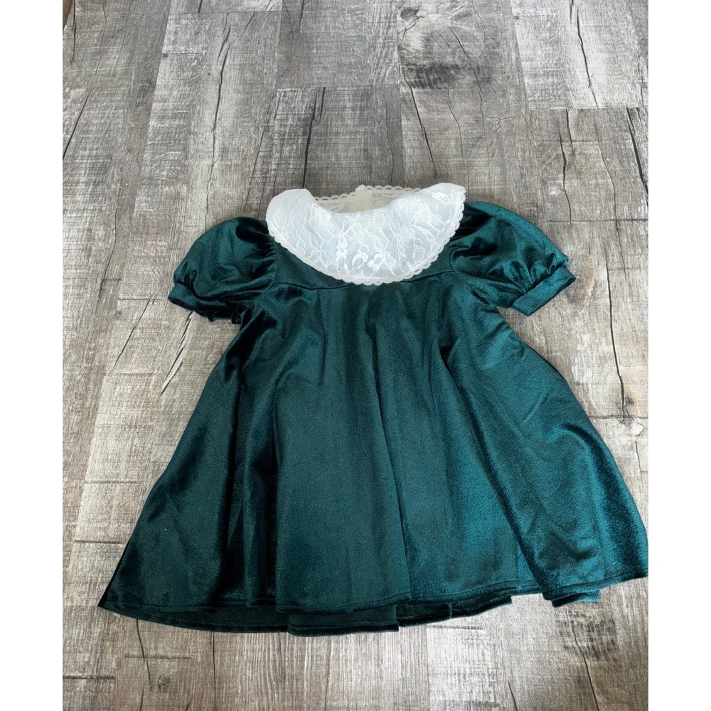 Vintage Sweet Blossoms Girls Green Velvet Lace Collar Holiday Dress Size 3T - Picture 4 of 4